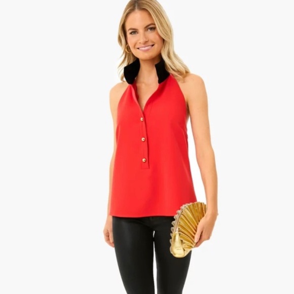 Tuckernuck Tops - Tuckernuck Halter Red/Pink Blouse with Black Velvet like Collar Size L